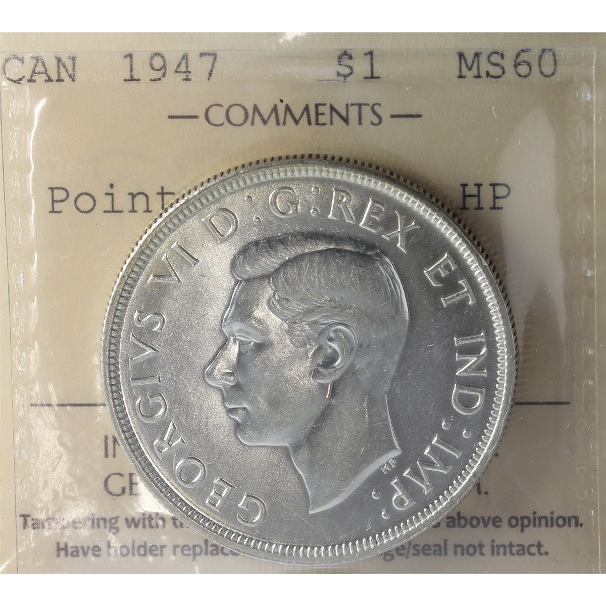 1947 Pointed 7, Dbl HP Canada Dollar ICCS Certified MS-60 (XXG 079)