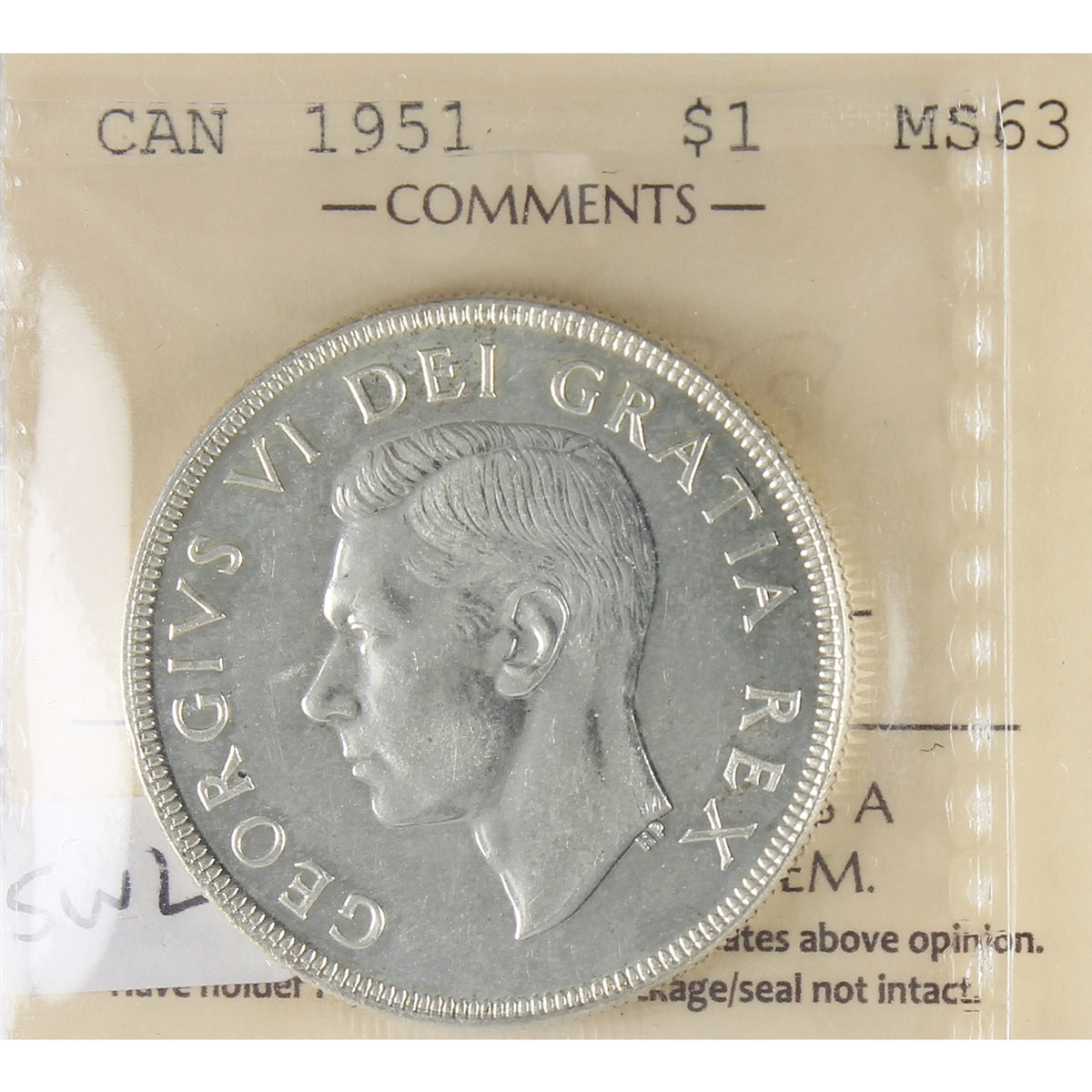 1951 SWL Canada Dollar ICCS Certified MS63