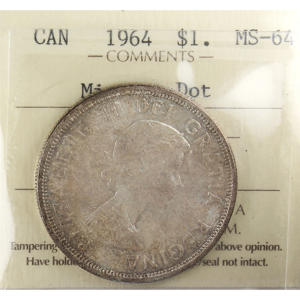 1964 Missing Dot Canada Dollar ICCS Certified MS64 (XDJ 364)