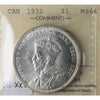 1935 Double XXV Canada Dollar ICCS Certified MS64 (XMY 622)
