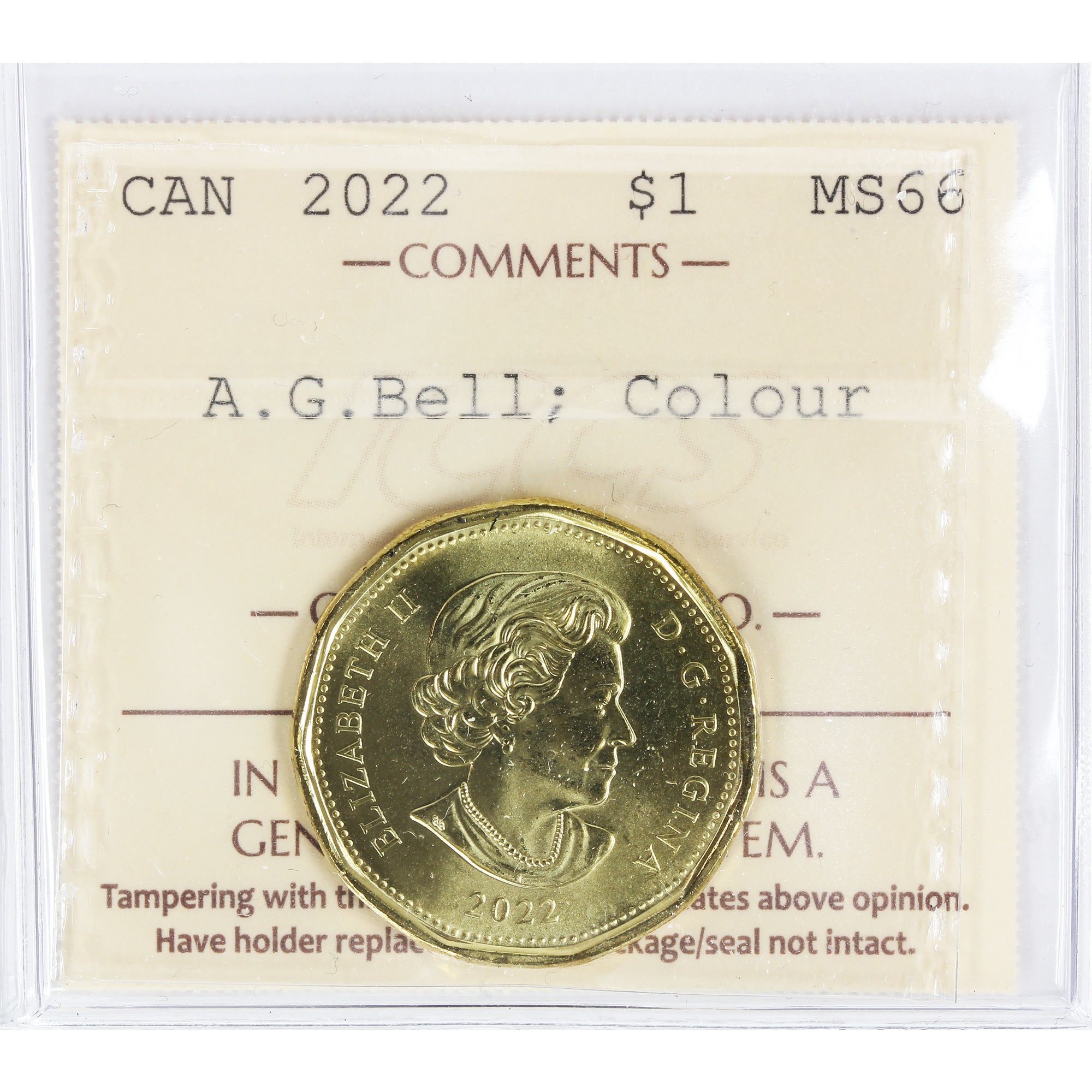 2022 Coloured A.G. Bell Canada Dollar ICCS Certified MS66