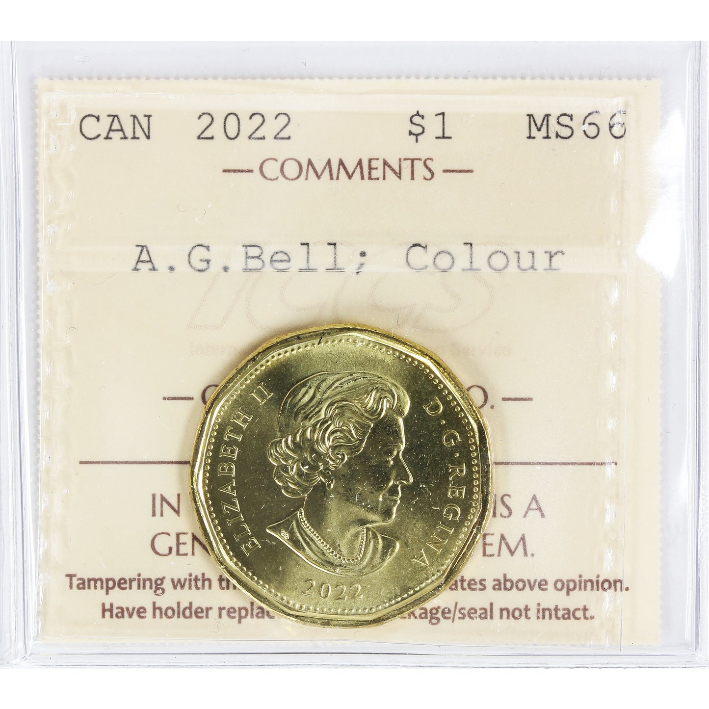 2022 Coloured A.G. Bell Canada Dollar ICCS Certified MS66
