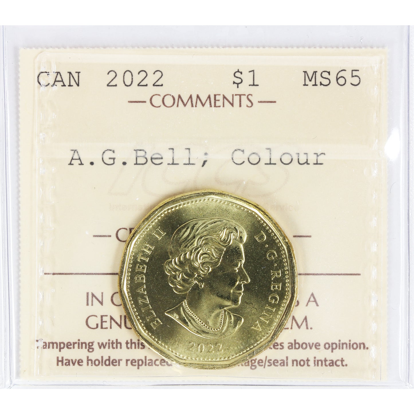 2022 Coloured A.G. Bell Canada Dollar ICCS Certified MS65