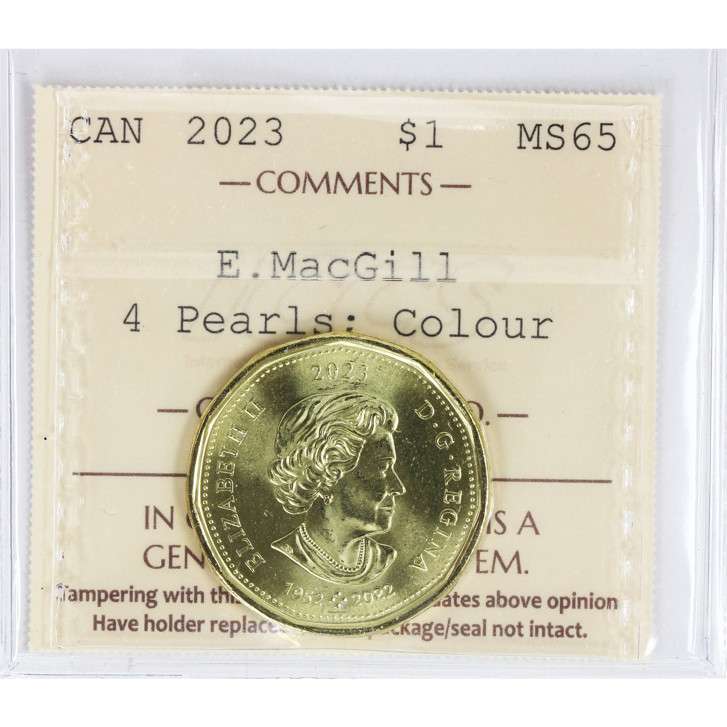 2023 Coloured Elsie MacGill, 4 Pearls Canada Dollar ICCS Certified MS65