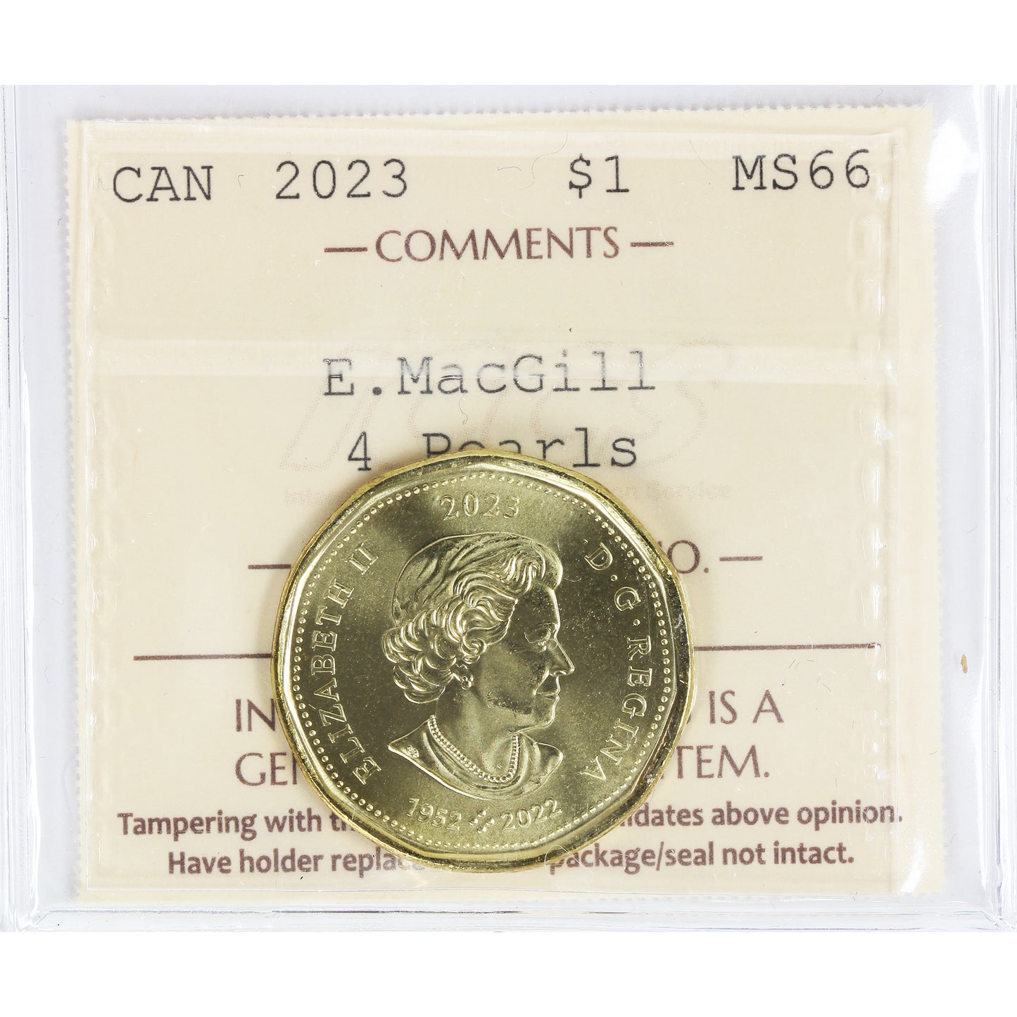 2023 Elsie MacGill, 4 Pearls Canada Dollar ICCS Certified MS66