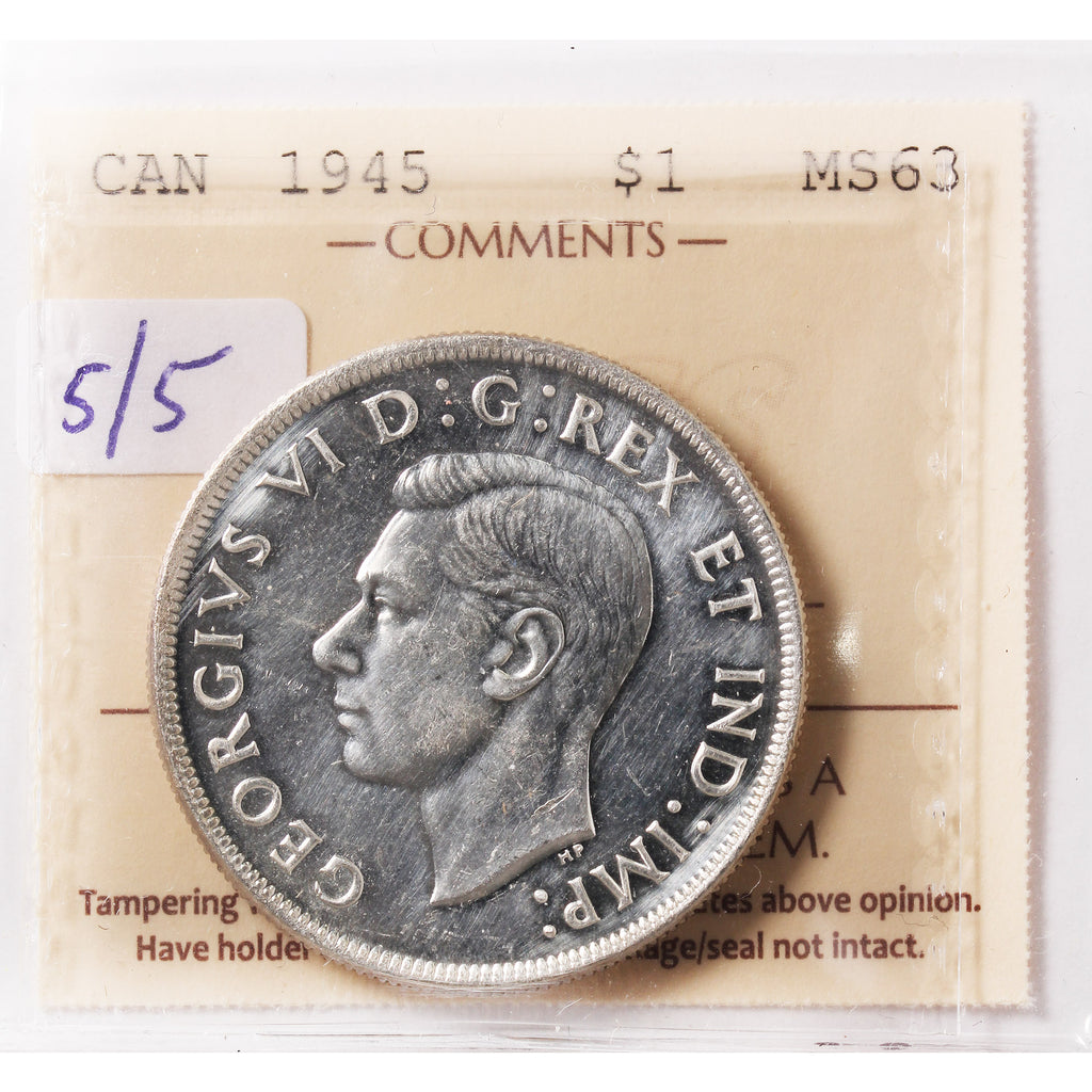 1945 5/5 Canada Dollar ICCS Certified MS63 (XXR 466)