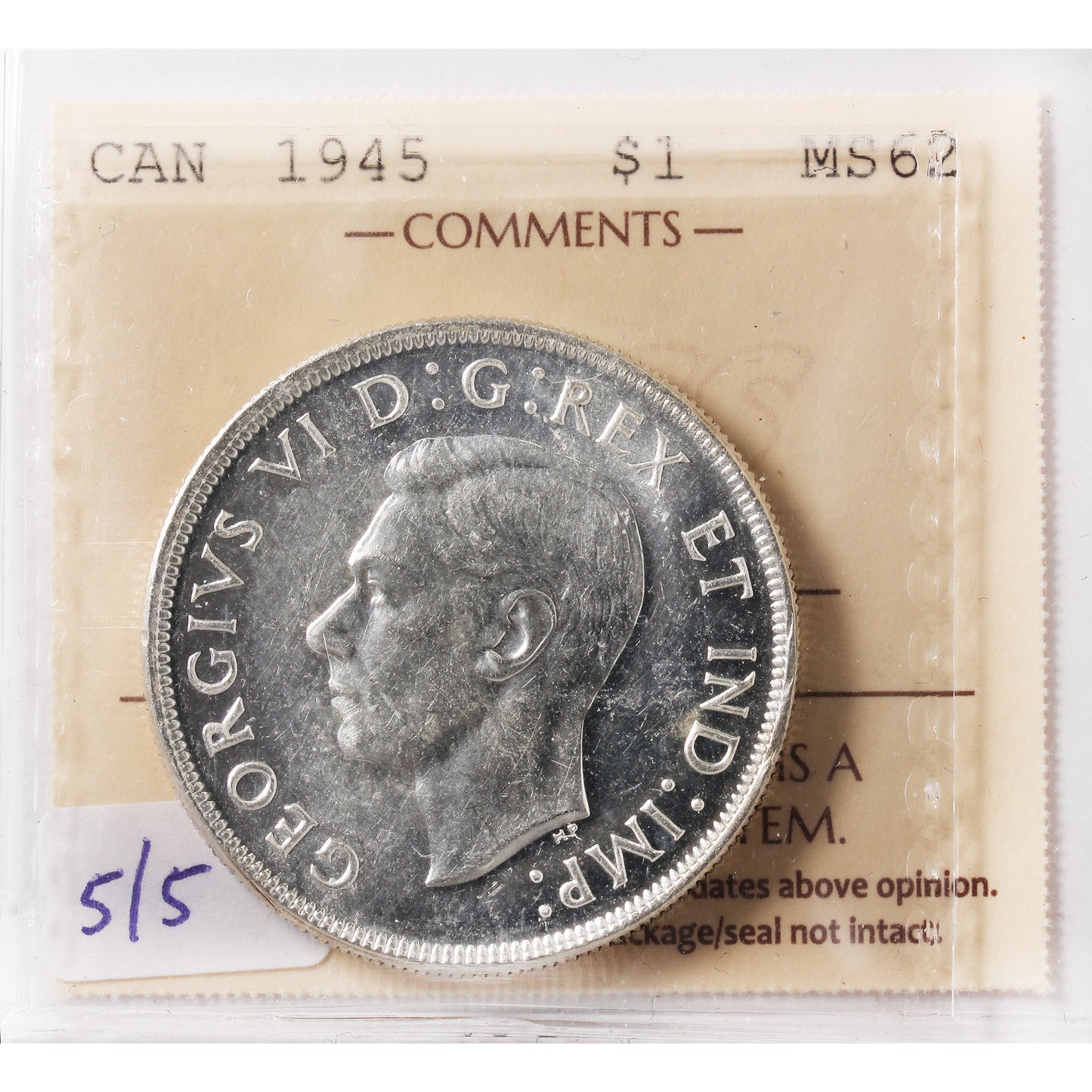 1945 5/5 Canada Dollar ICCS Certified MS62 (XXR 465)