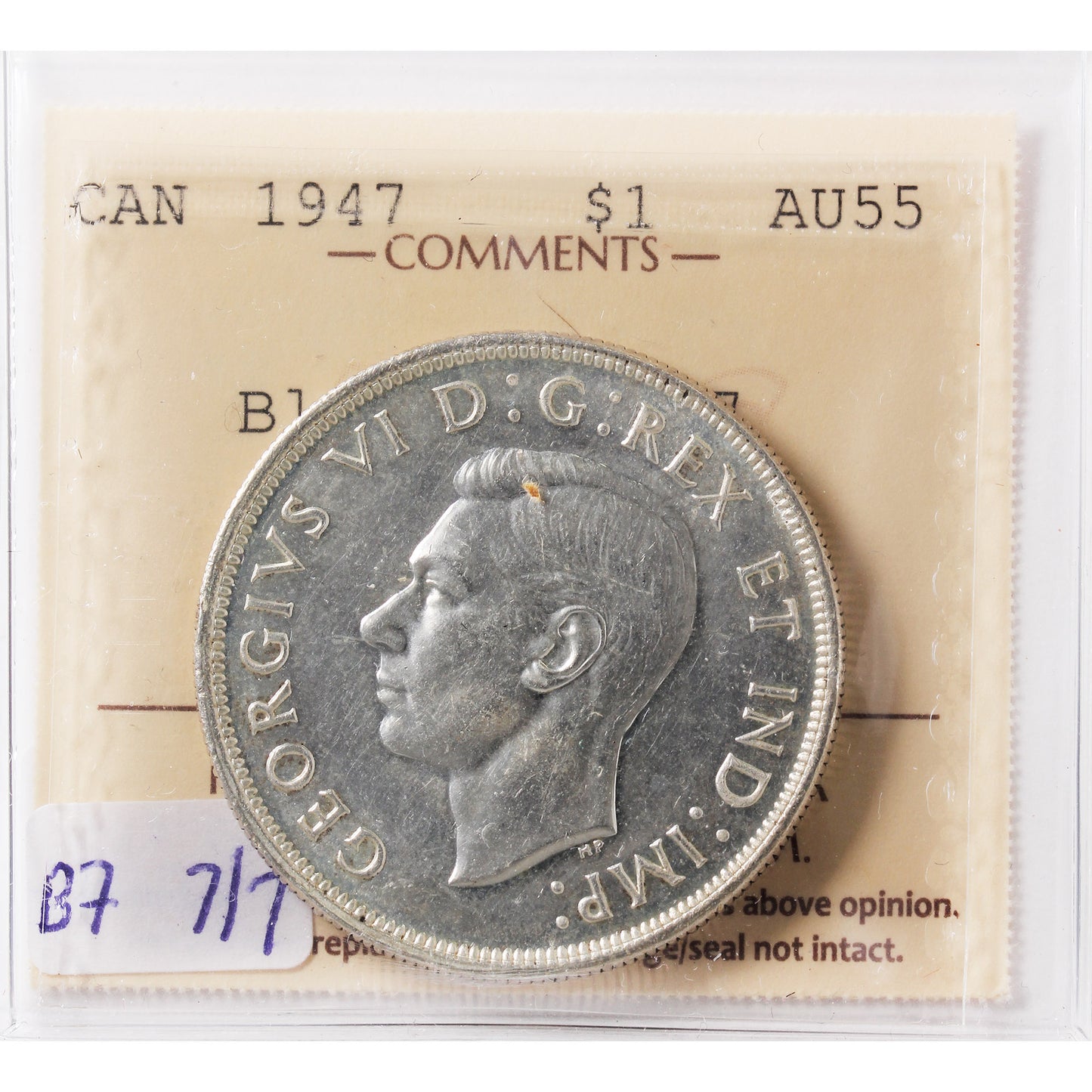1947 Blunt 7, 7/7 Canada Dollar ICCS Certified AU55