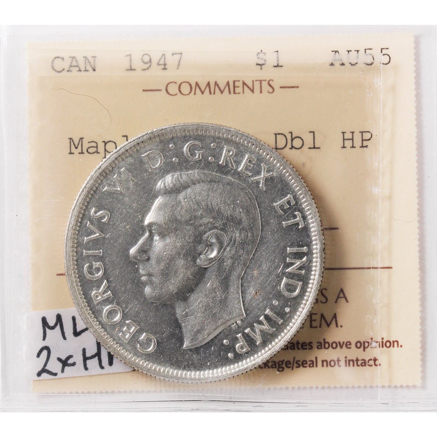 1947 Maple Leaf, Double HP Canada Dollar ICCS Certified AU55