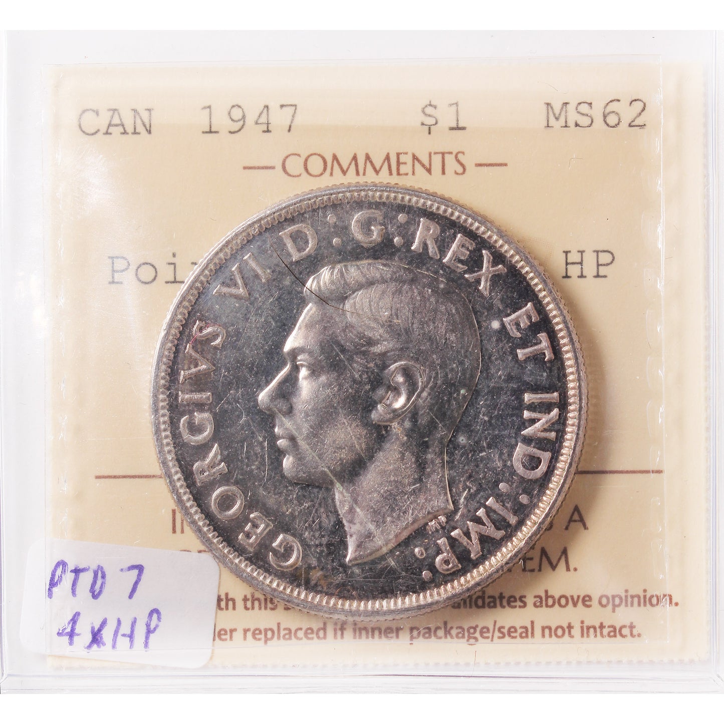 1947 Pointed 7, Quadruple HP Canada Dollar ICCS Certified MS62