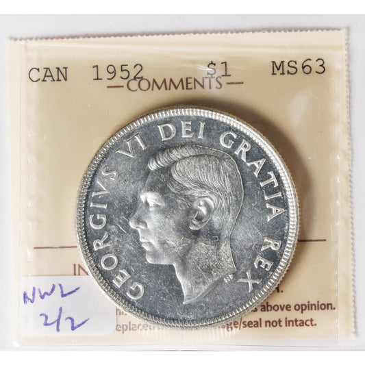 1952 NWL, 2/2 Canada Dollar ICCS Certified MS-63