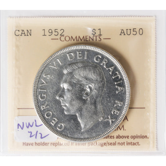 1952 NWL, 2/2 Canada Dollar ICCS Certified AU-50