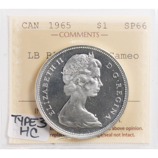 1965 Lrg Beads Blt 5 (Type 3) Canada Dollar ICCS Certified SP-66 Heavy Cameo (XVR 093)