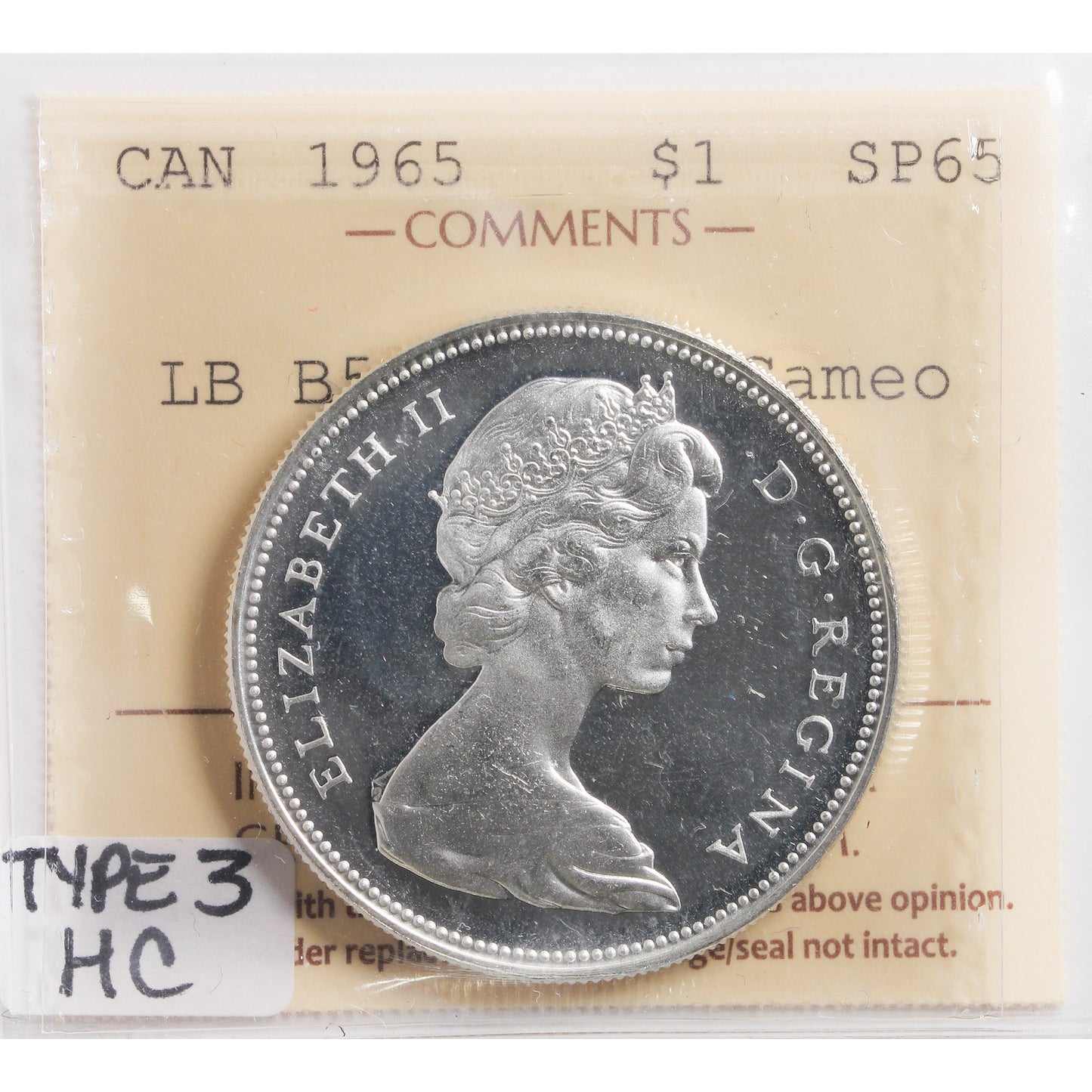 1965 Lrg Beads Blt 5 (Type 3) Canada Dollar ICCS Certified SP-65 Heavy Cameo
