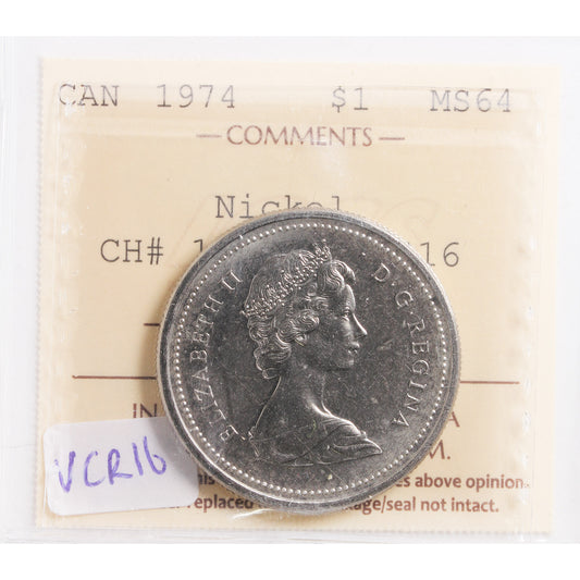 1974 Canada Nickel Dollar ICCS Certified MS64 CH#1974 Rev-016 (VCR #16)