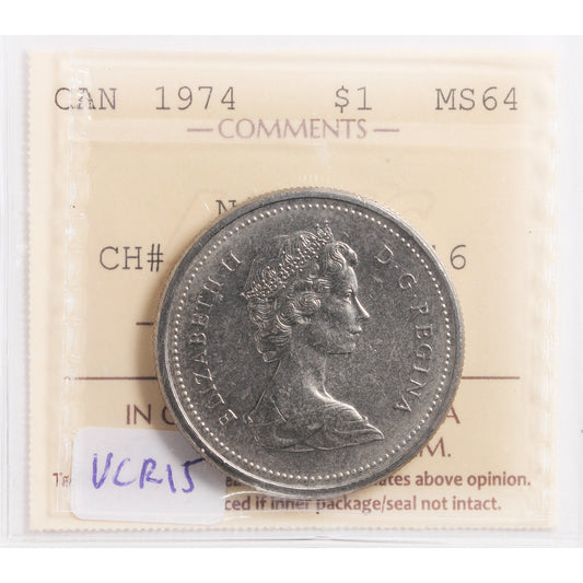1974 Canada Nickel Dollar ICCS Certified MS64 CH#1974 Rev-016 (VCR #15)