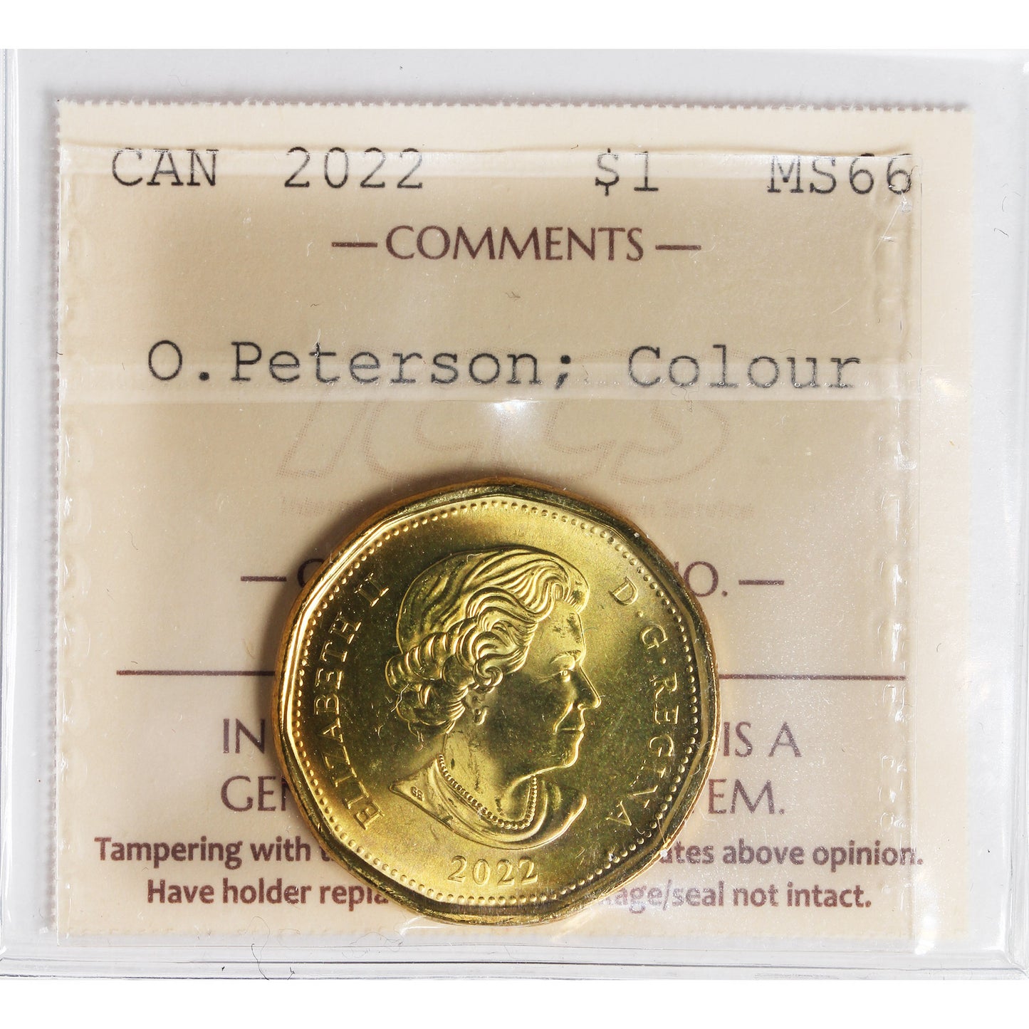 2022 Coloured Oscar Peterson Canada Dollar ICCS Certified MS66
