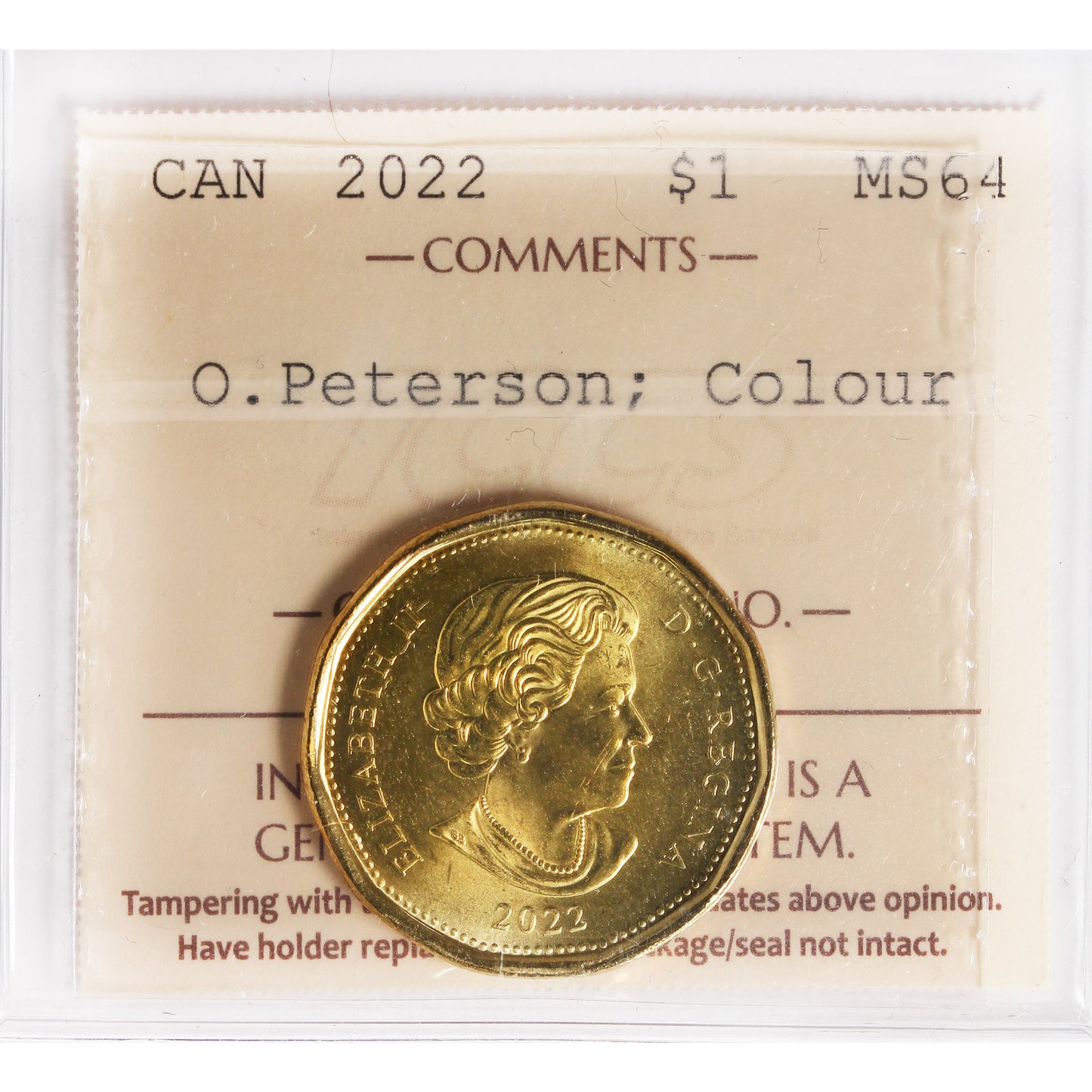 2022 Coloured Oscar Peterson Canada Dollar ICCS Certified MS64