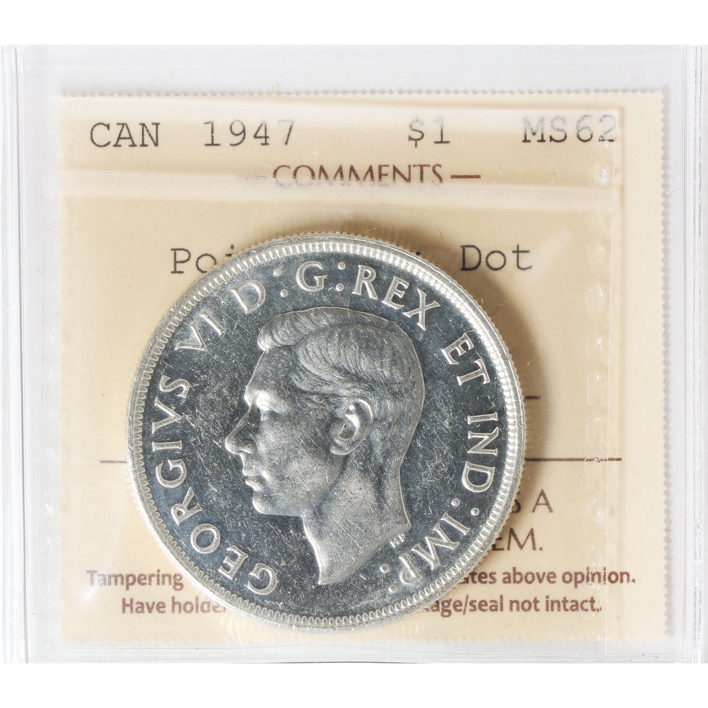 1947 Pointed 7, Dot Canada Dollar ICCS Certified MS62 (XJZ 409)