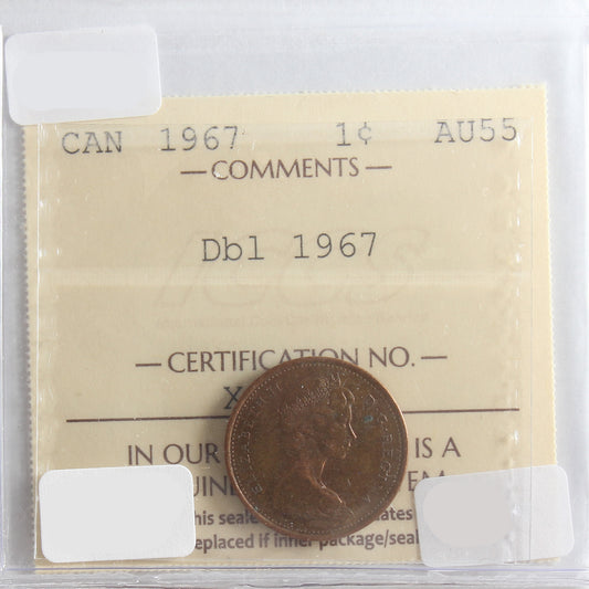 1967 Double 1967 Canada 1-cent ICCS Certified AU55