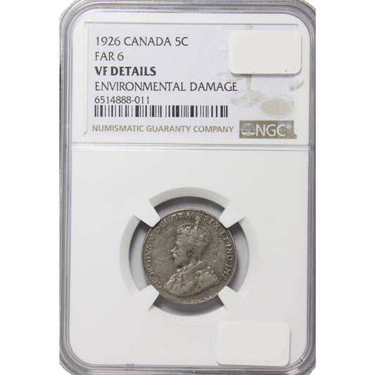 1926 Far 6 Canada 5-cents NGC Certified Very Fine Details (Damage)
