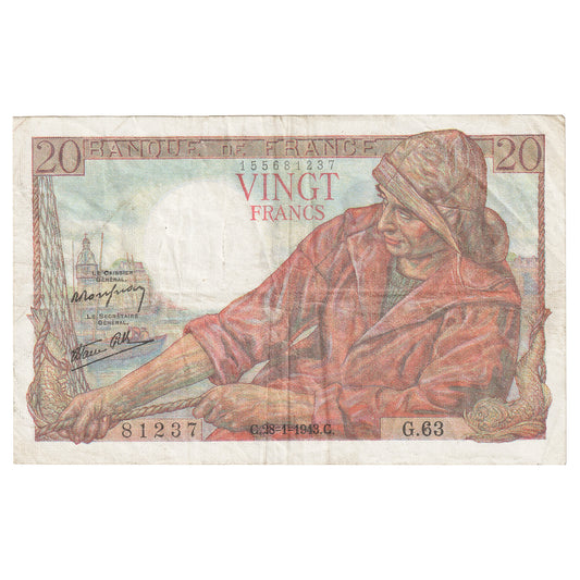 France 1943 20 Francs Note, VF (Holes)