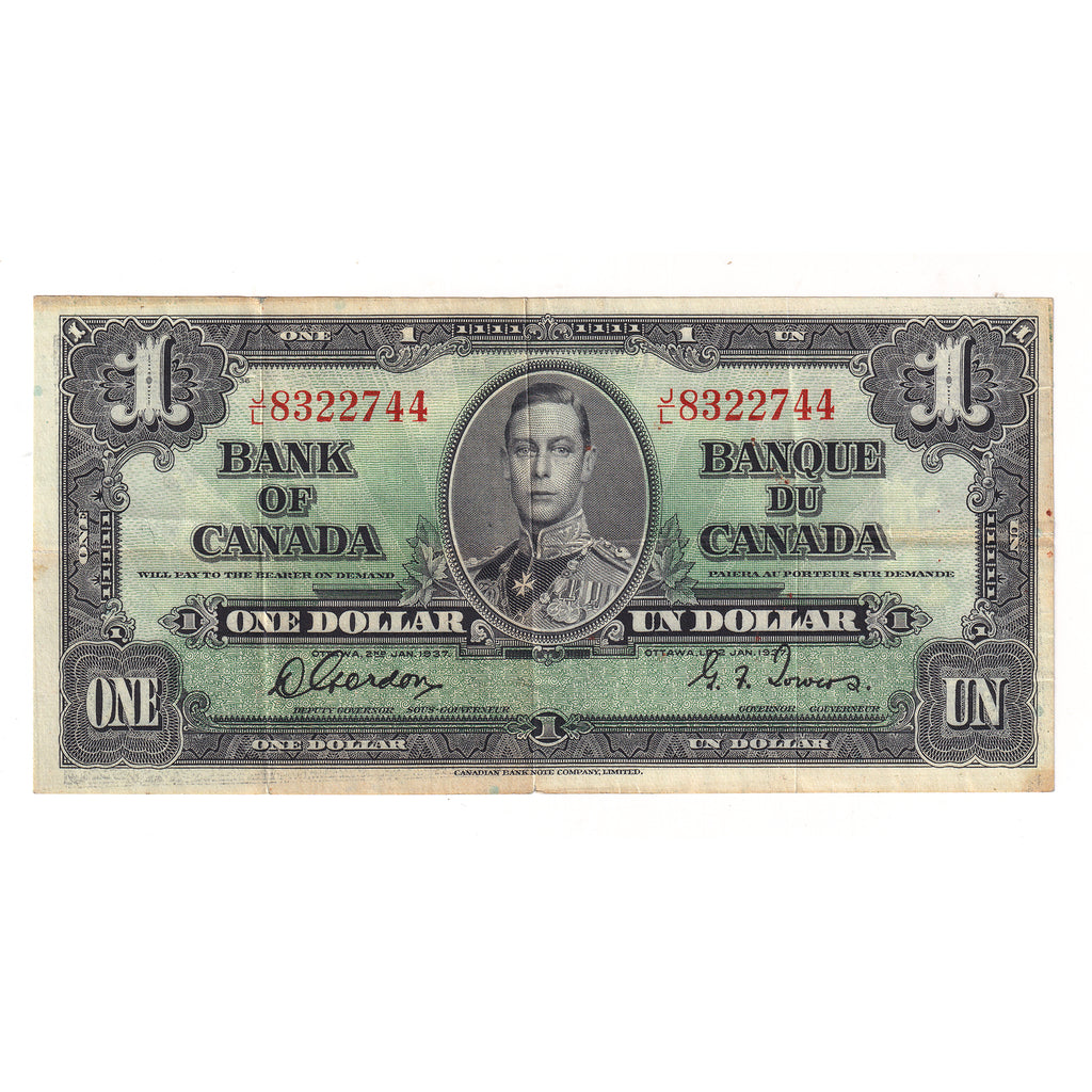 BC-21c 1937 Canada $1 Note, Gordon-Towers, VF-EF (VF30) Stains, pinhole, impaired