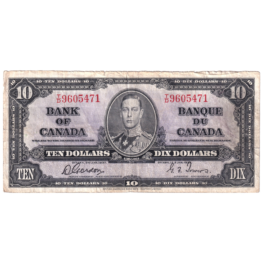 BC-24b 1937 Canada $10 Note, Gordon-Towers, F-VF (F15) Tears, holes, or impaired
