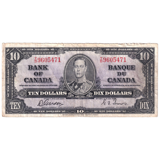 BC-24b 1937 Canada $10 Note, Gordon-Towers, F-VF (F15) Tears, holes, or impaired
