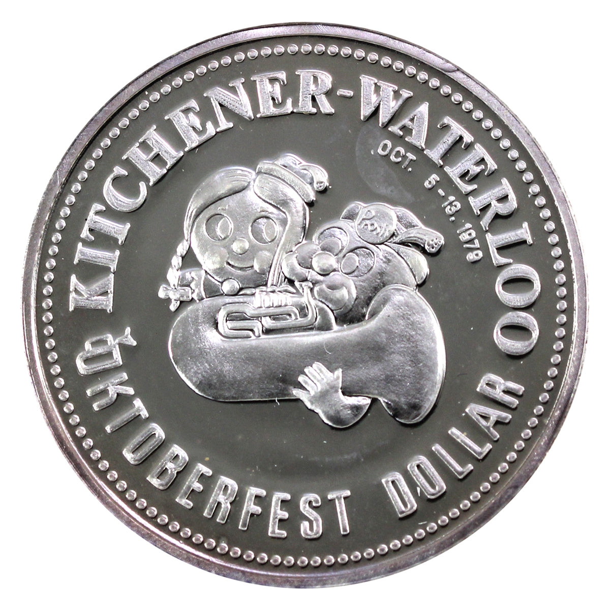 1979 K-W Oktoberfest Dollar Fine Silver: City's 125th Ann. in Folder (No Tax) Impaired