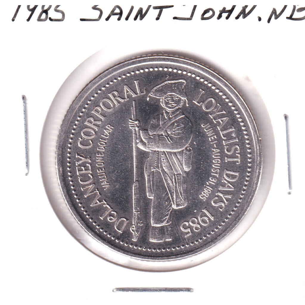 1985 Saint John, NB, Bicentennial Trade Dollar Token: DeLancey Corporal (Corrosion)