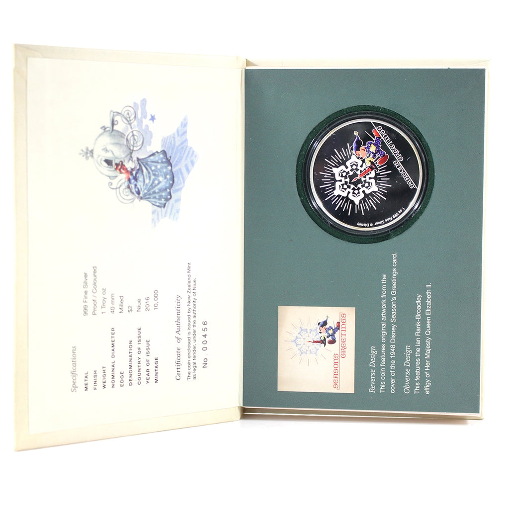 Niue 2016 $2 Disney Season's Greetings 1oz. .999 Silver in Case (No Tax) Lightly Toned.