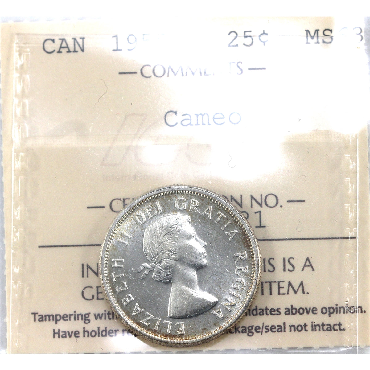 1955 Canada 25-cents ICCS Certified MS63 Cameo