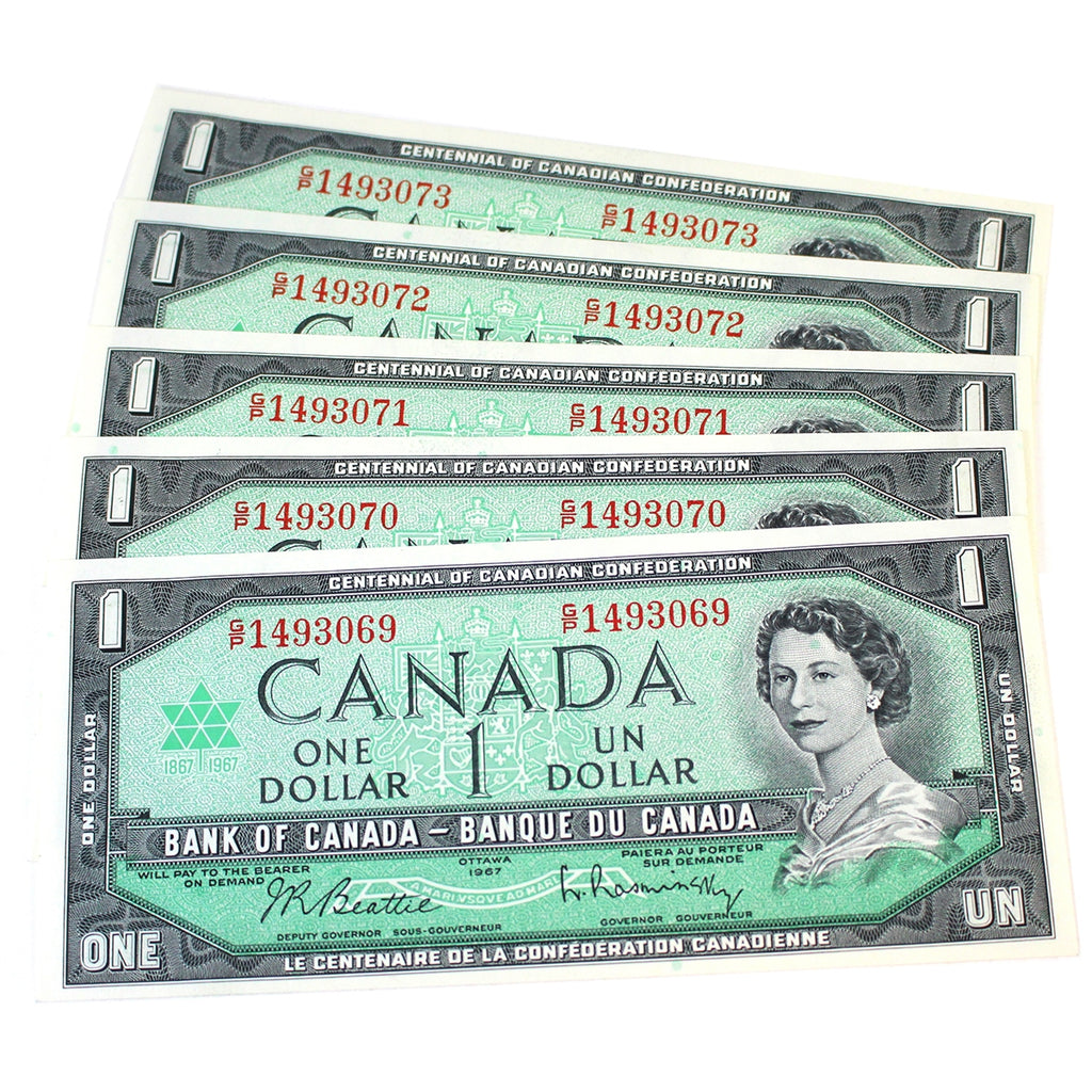 Lot of 5x Sequential 1967 Canada $1 Centennial Notes, Beattie-Rasminsky, G/P, 5Pcs