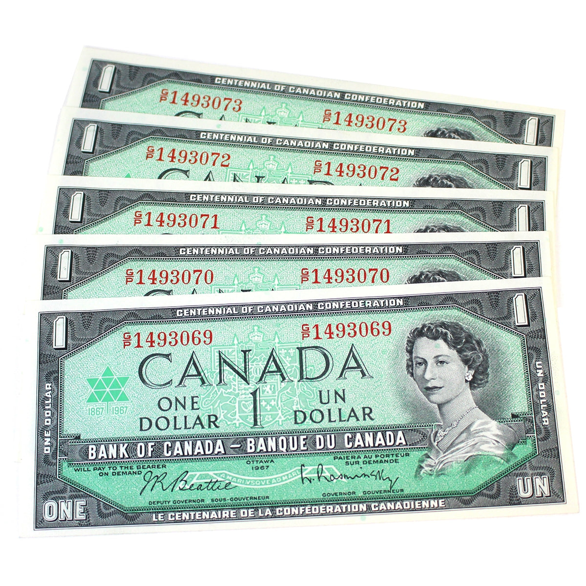 Lot of 5x Sequential 1967 Canada $1 Centennial Notes, Beattie-Rasminsky, G/P, 5Pcs