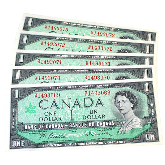 Lot of 5x Sequential 1967 Canada $1 Centennial Notes, Beattie-Rasminsky, G/P, 5Pcs