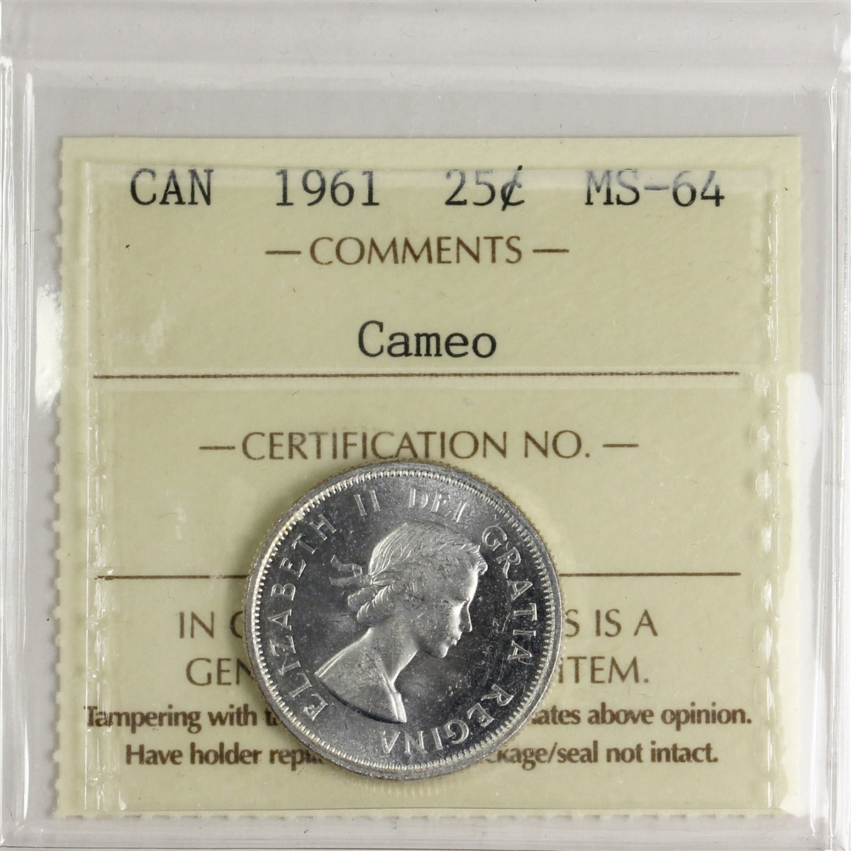 1961 Canada 25-cents ICCS Certified MS64 Cameo