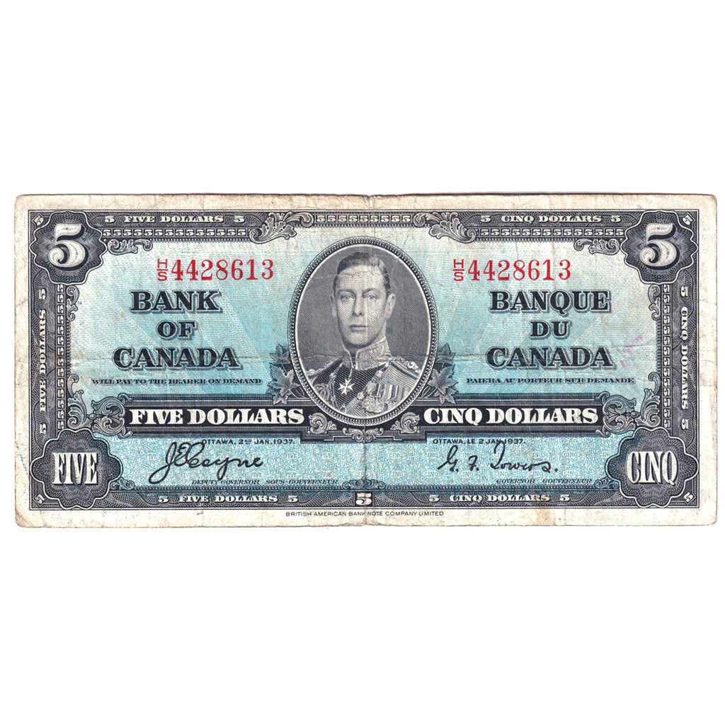 BC-23c 1937 Canada $5 Note, Coyne-Towers, Fine (F12) Stains, holes, or impaired