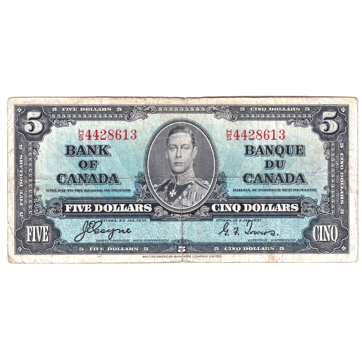BC-23c 1937 Canada $5 Note, Coyne-Towers, Fine (F12) Stains, holes, or impaired