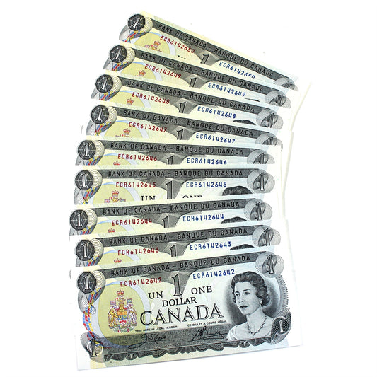 Lot of 9x Sequential 1973 Canada $1 Notes, Crow-Bouey, 9Pcs