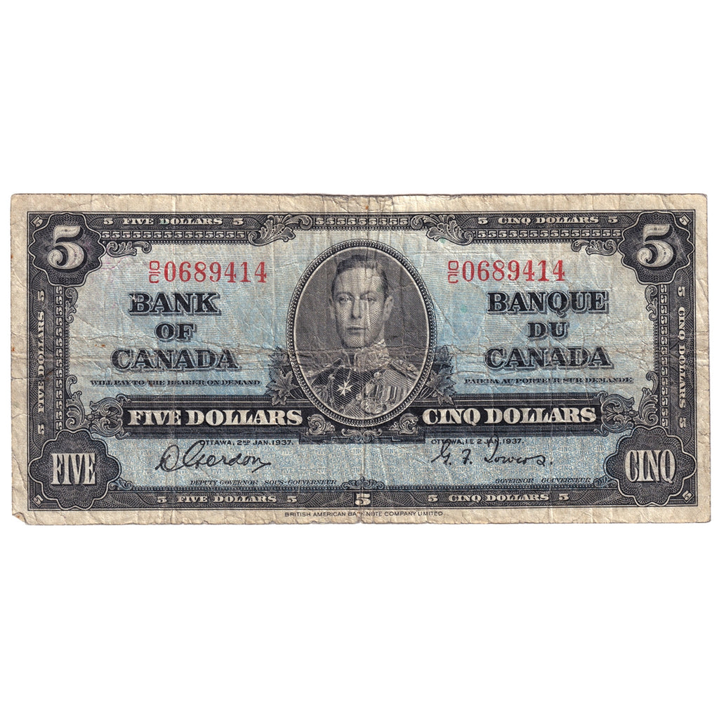 BC-23b 1937 Canada $5 Note, Gordon-Towers, Very Good (VG8) Tears, holes, or impaired