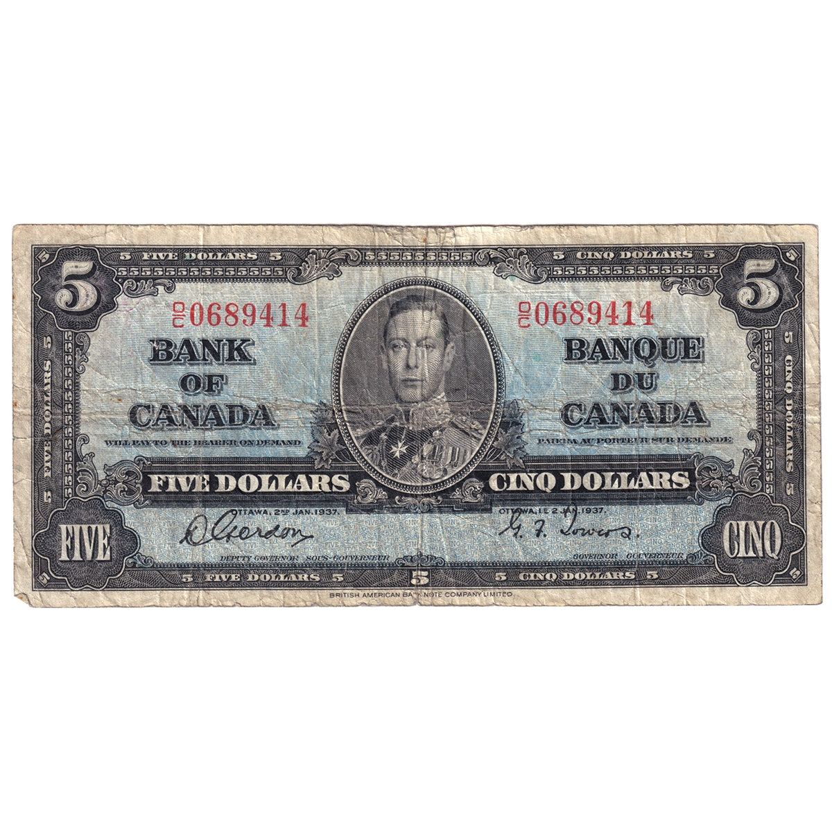 BC-23b 1937 Canada $5 Note, Gordon-Towers, Very Good (VG8) Tears, holes, or impaired