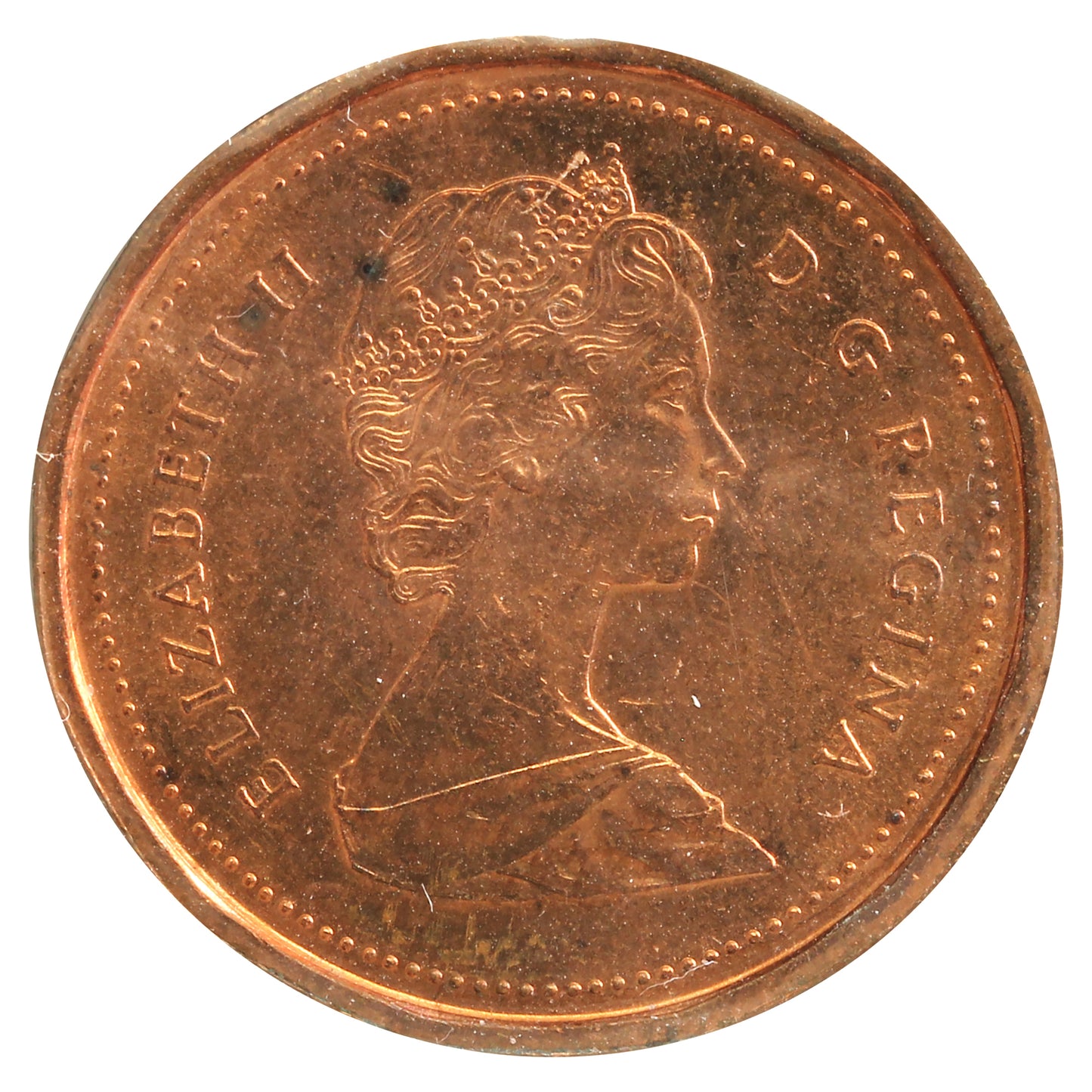 1985 Pointed 5 Canada 1-cent Uncirculated (MS60) scratched