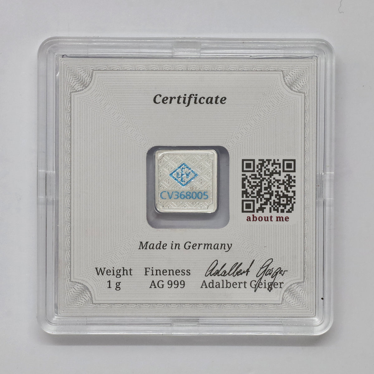 Limited Ed. Geiger 1g Silver Bar with Berlin Capsule (No Tax) 2,000 MINTAGE - Scr Capsule