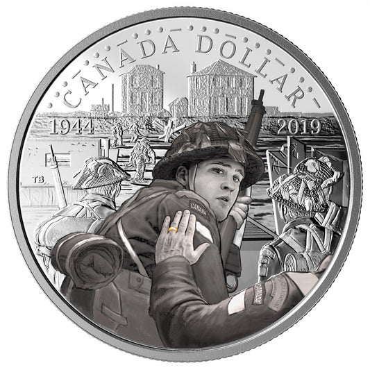 2019 Canada 75th Ann. of D-Day Coloured Proof Silver Dollar (No Tax) Square Capsule
