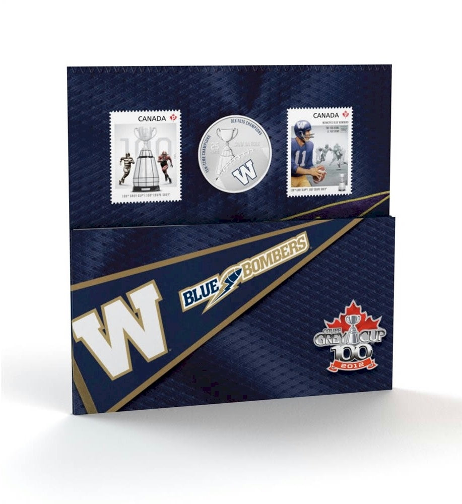 2012 Canada 25-cent Winnipeg Blue Bombers CFL Coin and Stamp Set.