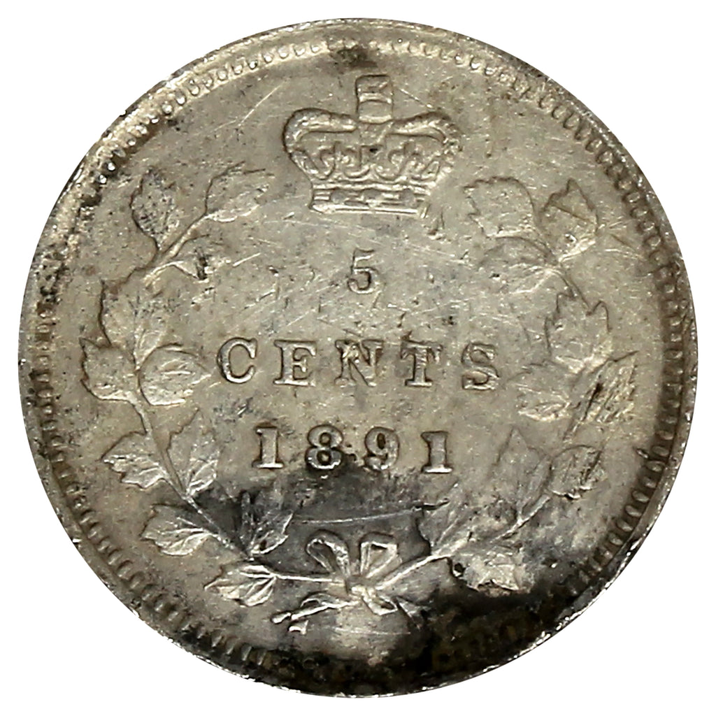 1891 Obv. 5 Canada 5-cents Almost Uncirculated (AU50) (Impaired)