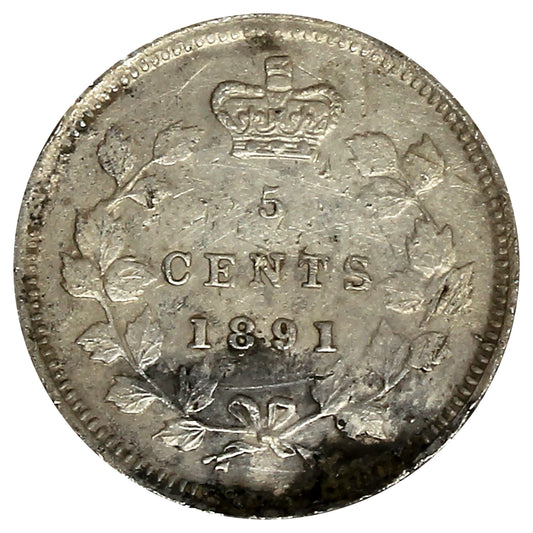 1891 Obv. 5 Canada 5-cents Almost Uncirculated (AU50) (Impaired)