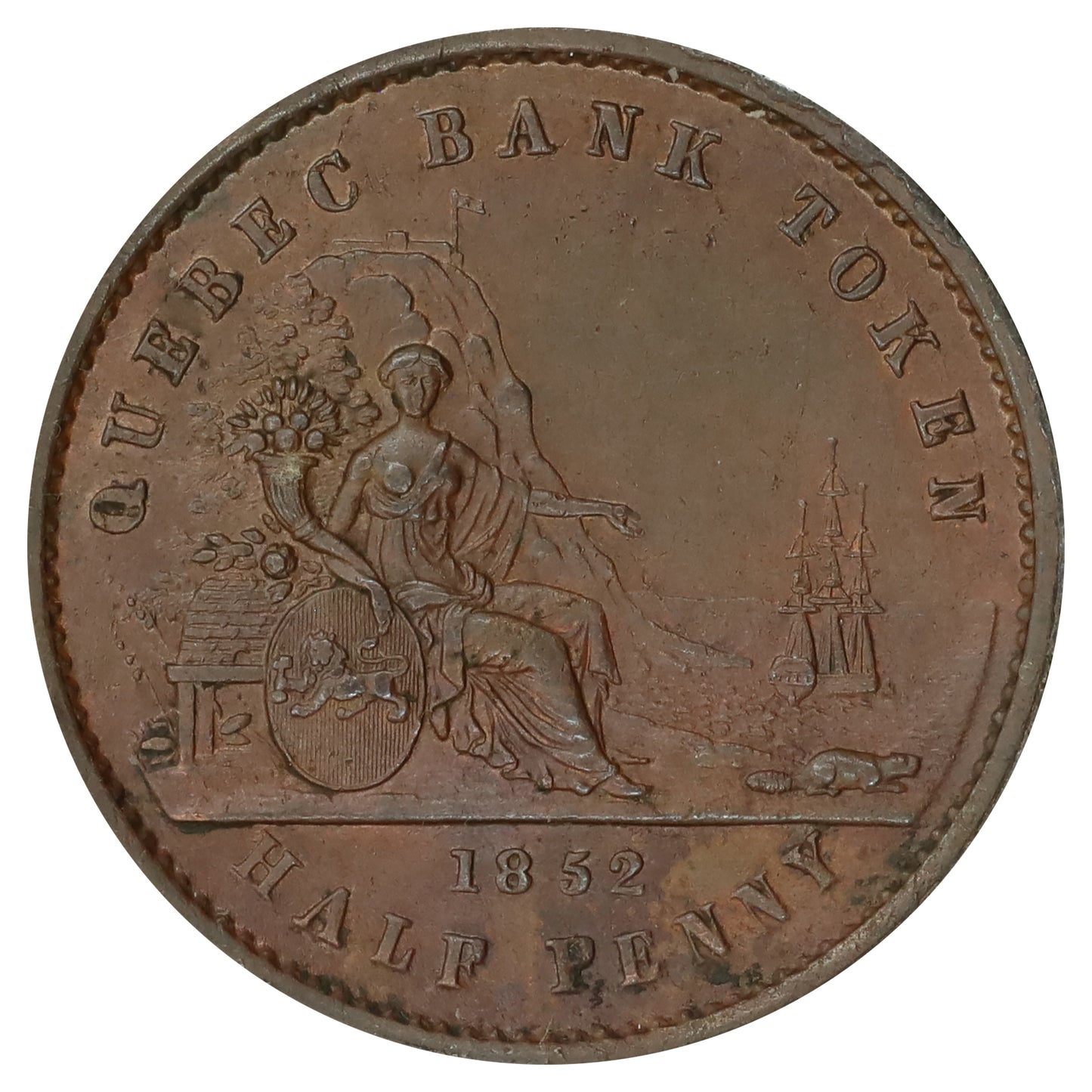 PC-3 1852 Province of Canada Quebec Bank Half Penny Token AU-UNC (AU55) (Impaired)
