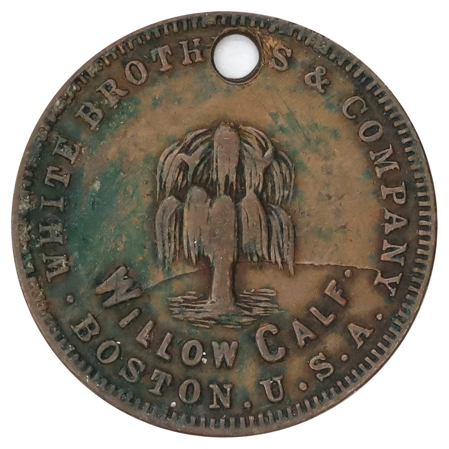 c.1890 USA White Brothers & Co. Willow Calf Shoeleather Hard Times Token (Toned, Hole)